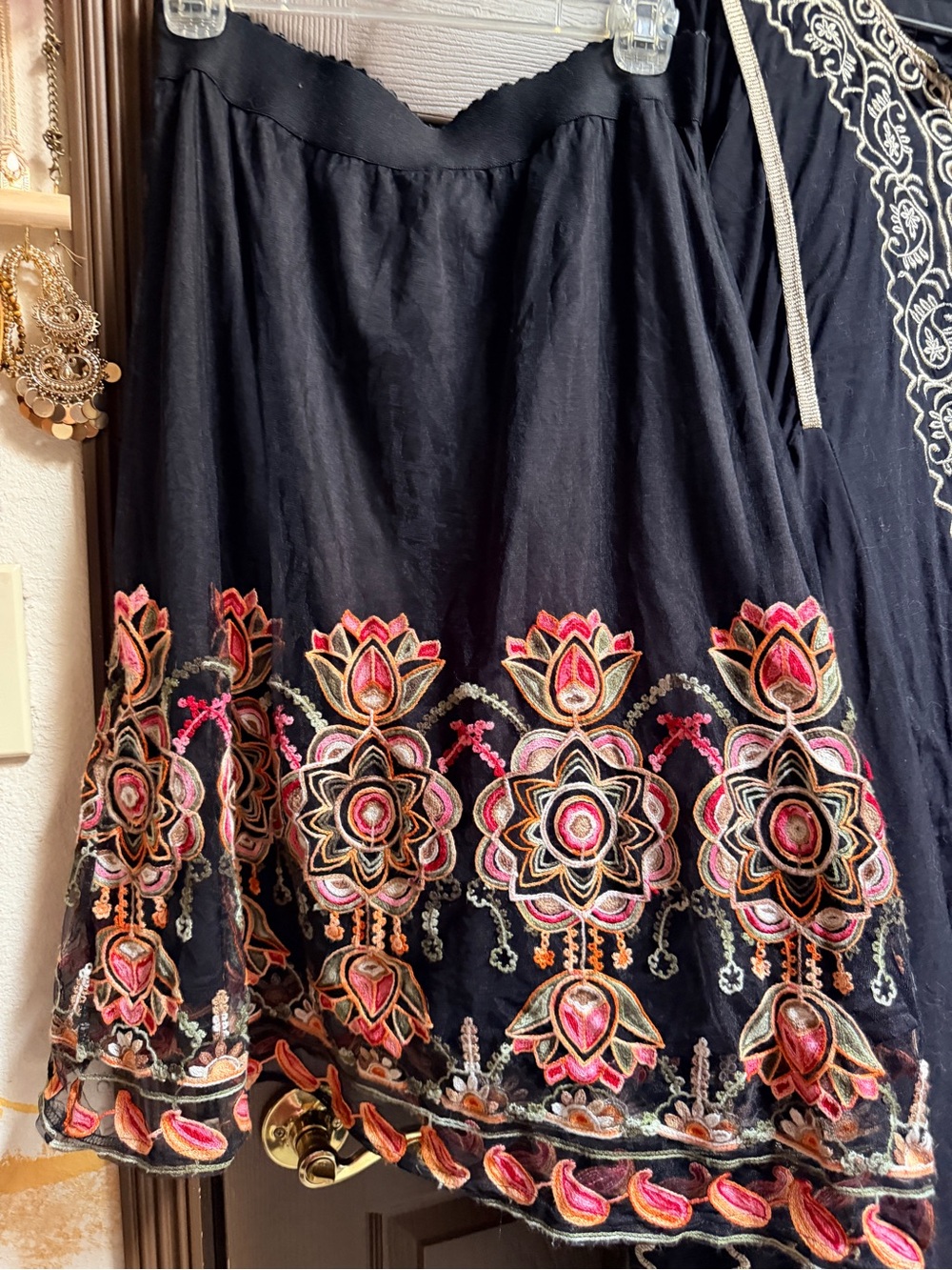 Magic Black Midi Skirt with Pink and Gold Floral Embroidery